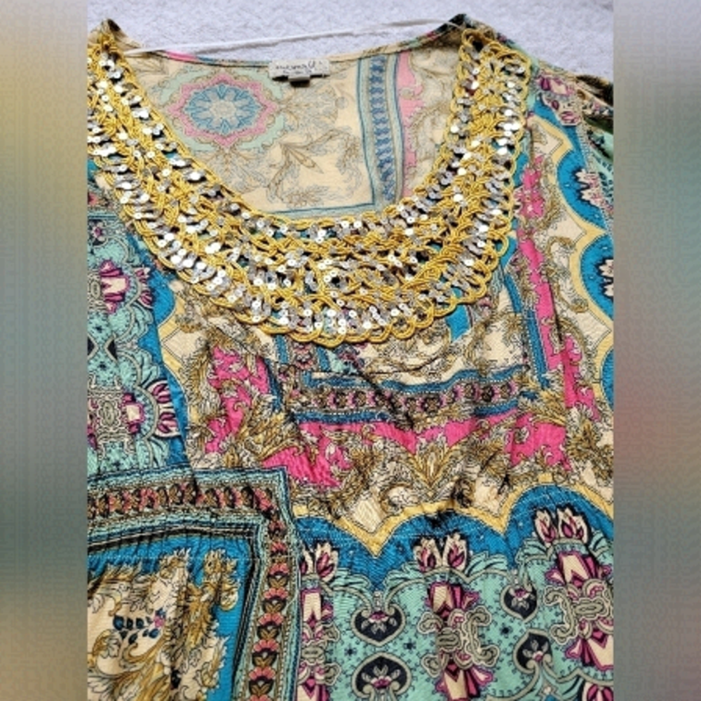 One WORLD Floral Scoop Neck Peasant Boho Tunic Top
